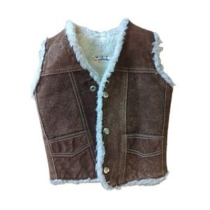 Vintage 70's Kids Dark Brown Suede White Sherpa Lined Vest Genuine Leather Small